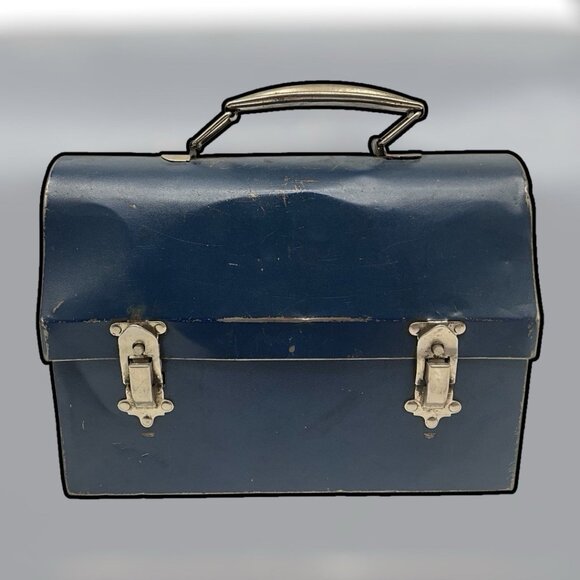 Vintage 1940's Era Dome Top Metal Lunch Box by American Thermos Bottle Co Blue. - Picture 4 of 16